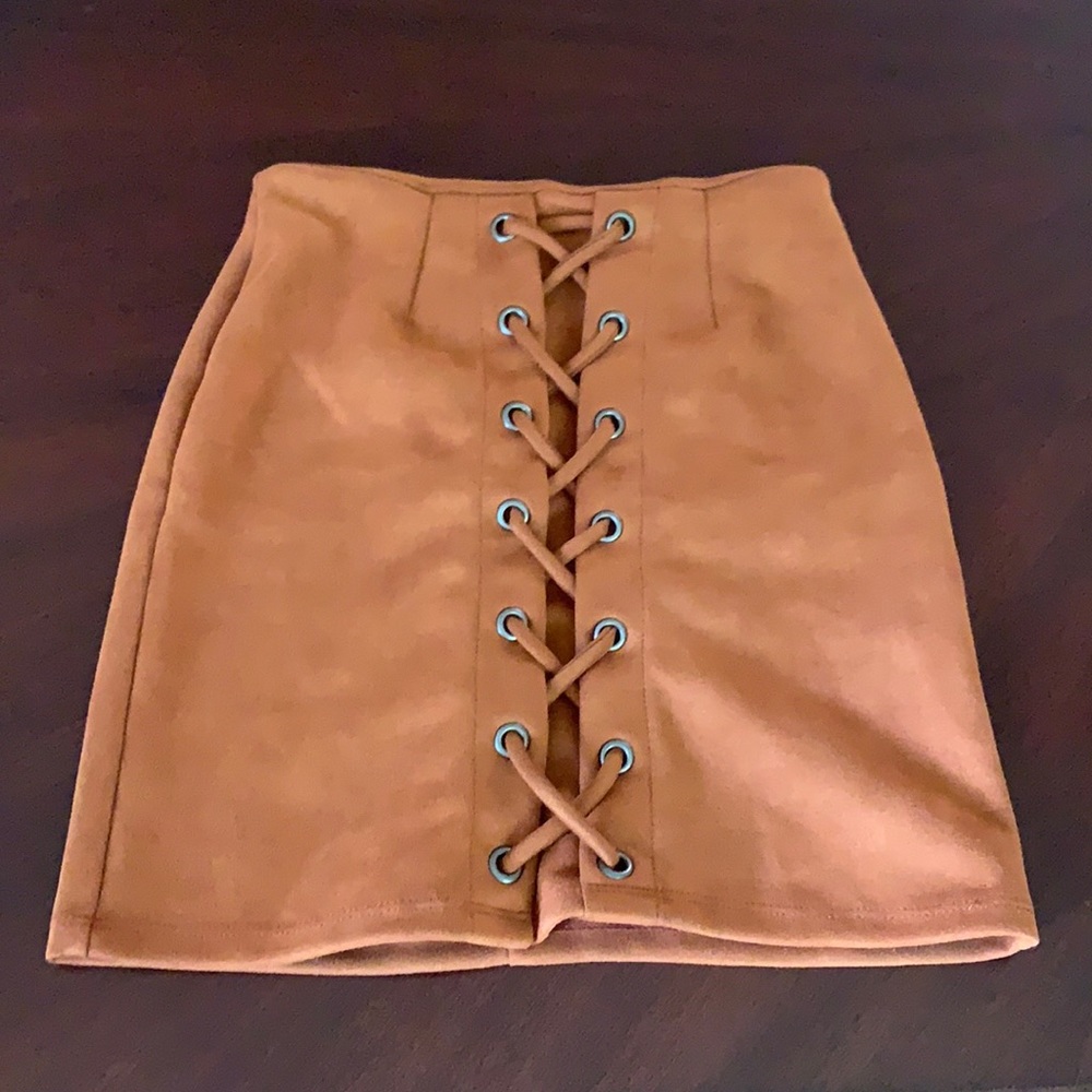 Suede light brown criss cross pencil skirt